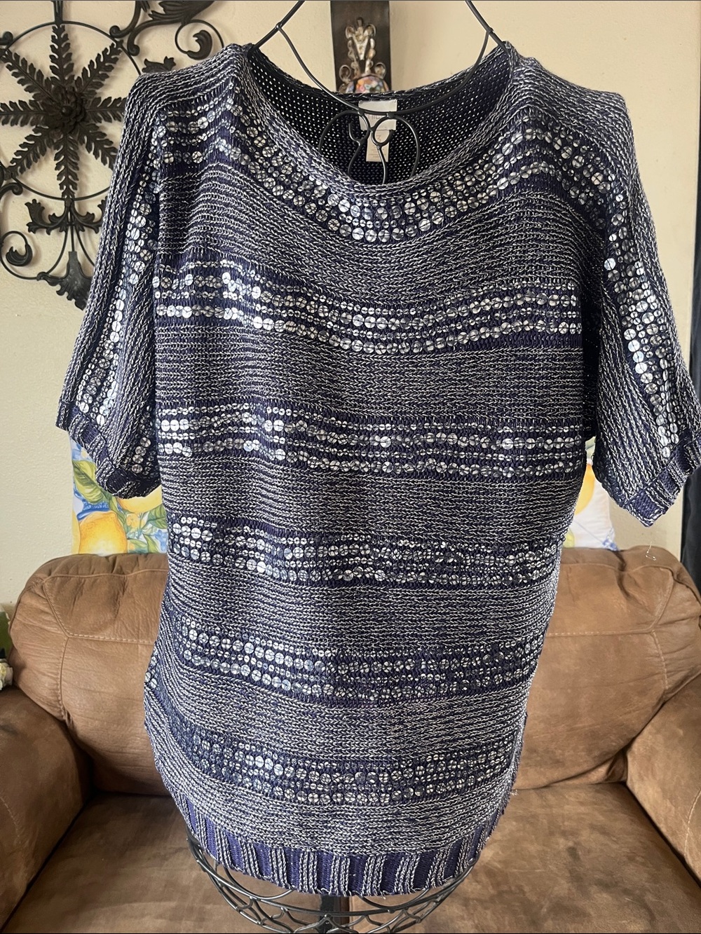 Chico's Navy Knit Top with Silver Accents